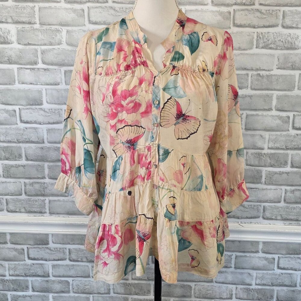 Sundance Silk Floral Peasant Top Blouse Boho Ruffle Tiered Sheer Butterflies M